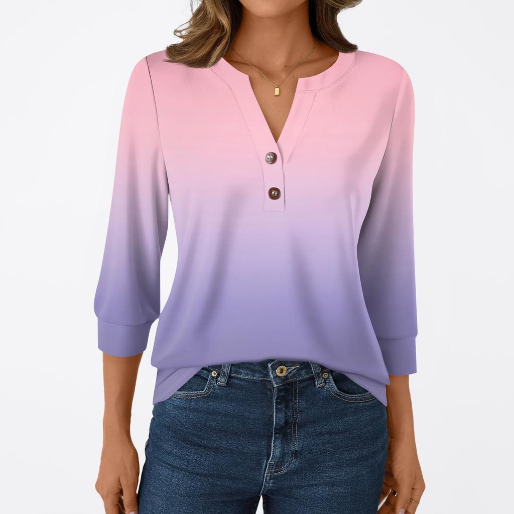 Women's Fashion Casual 3/4 Sleeve T-Shirt Prints V-Neck Button Top