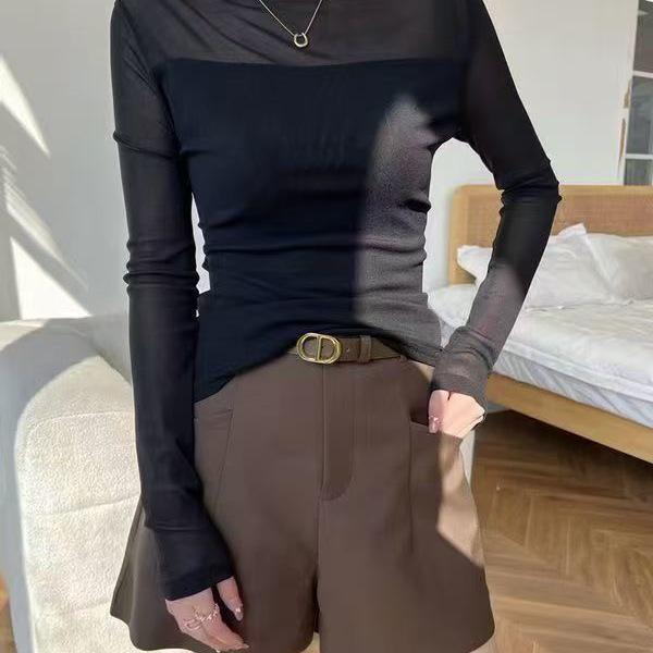 Stylish Slim-Fit Patchwork Lace Mesh Velvet Base Layer Top - High-Neck, Long-Sleeved for Autumn/Winter 2025