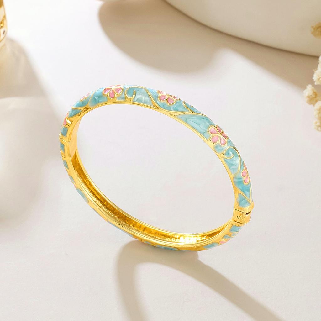Colorful Enamel Flower Bangle Stainless Steel Bohemian Style Bracelet for Women Fashion Jewelry Gift (Openable)