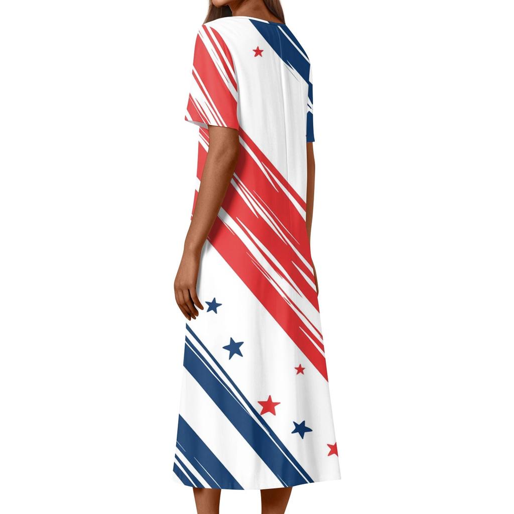 Women's Summer Casual Fashion Independence Day Printed Short Sleeve Round Neck Pocket Dress