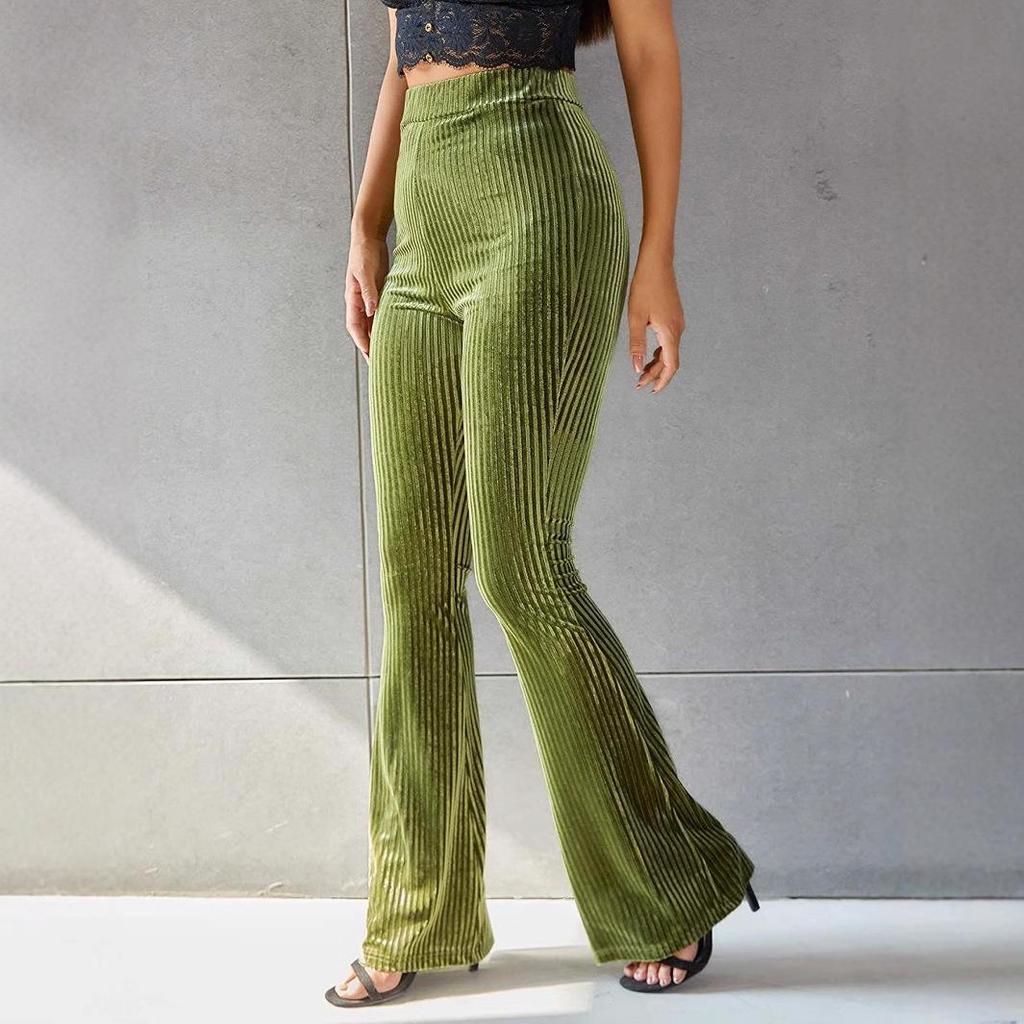 Women's Fashion Sexy High Waist Gold Velvet Ribbed Flared Pants