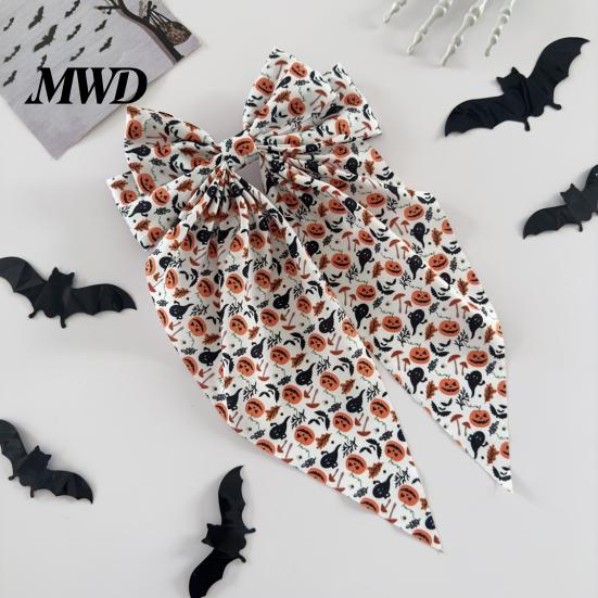 Skull Hairpin Accessory Halloween Bow Spring Hair Clips for Women, Pumpkin Skeleton Ghost Hand Printed Holiday Party Clip Fabric Barrettes,
