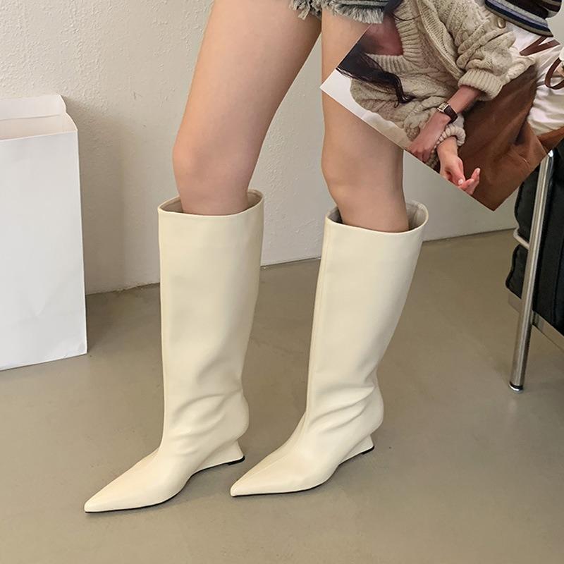 

Остроносые сапоги на высоком каблуке осень и зима новые модные ретро простые простые на танкетке длинные сапоги до колена женские сапоги 40 темно-коричневого