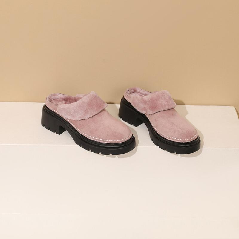 Fashion Autumn Winter Punk Style Warm Plush Slippers New Waterproof Platform 5cm Thick Heel Black Gray Outdoor Women's Shoes Size 34-43