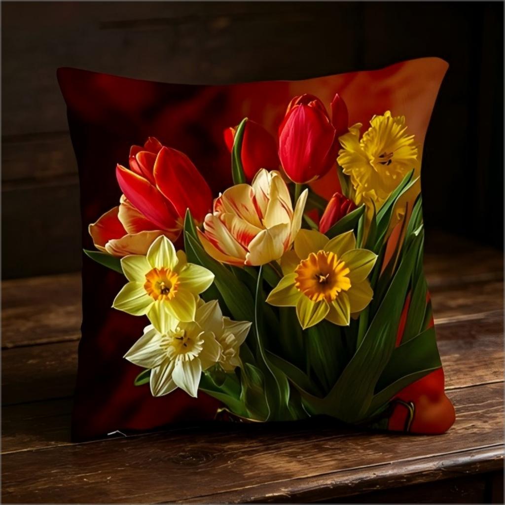 Vibrant Tulip Daffodil Throw Pillow Cover Floral Bouquet Decorative Pillow Case For Spring Home