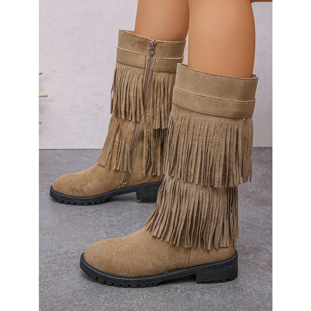 Dámské semišové boty s dvojitým třásněm, kotníkové boty na robustním středním podpatku se zipem na boku a kulatou špičkou, široké lýtko, nadměrné velikosti, dlouhé boty na podzim/zimu