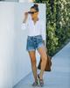 Women's Dark Blue Washed Denim Mid-Waist Shorts - Straight Fit, Cotton, Casual Style, 2021.