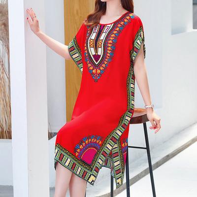 Sommerkleid mit geometrischem Druck, Pullover, Einheitsgröße, schickes, wadenlanges Damenkleid für den Heimgebrauch