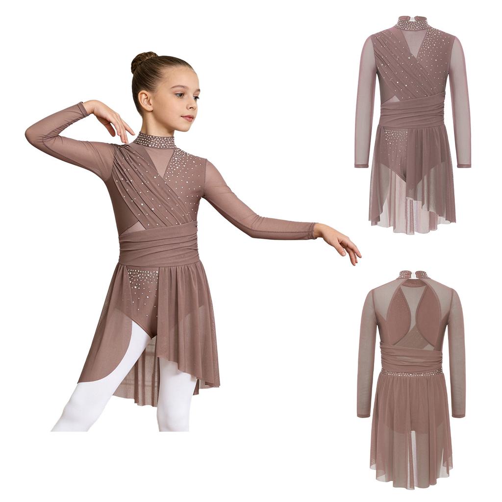 Mädchen Lyrisches Tanzkleid Stehkragen Langarm Ausschnitt Rücken Seitenschlitz Transparentes Mesh Geraffte Leotards