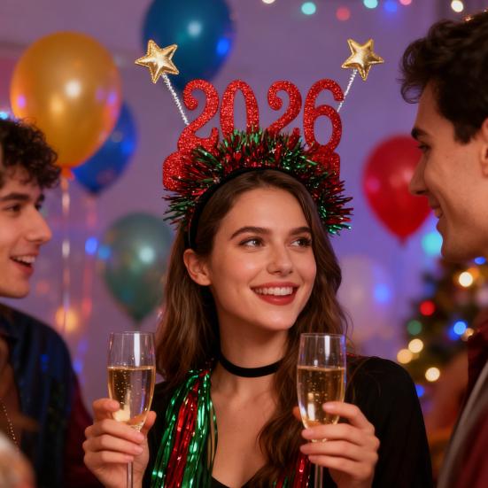 2026 třpytivá čelenka na Silvestra, Vánoční večírek, vlasový doplněk s hvězdami, slavnostní odpočítávání, oslavné pokrývky hlavy