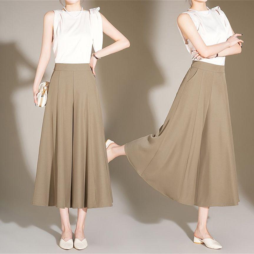 2026 Women's High-Waisted Ice Silk Wide-Leg Skort Pants - Casual Loose Nine-Point Skirt Pants