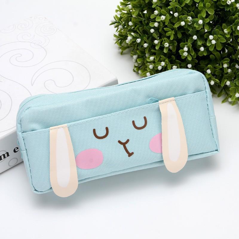 Double-Layer Rabbit Cartoon Pencil Case - Large Capacity Oxford Cloth Stationery Bag синий