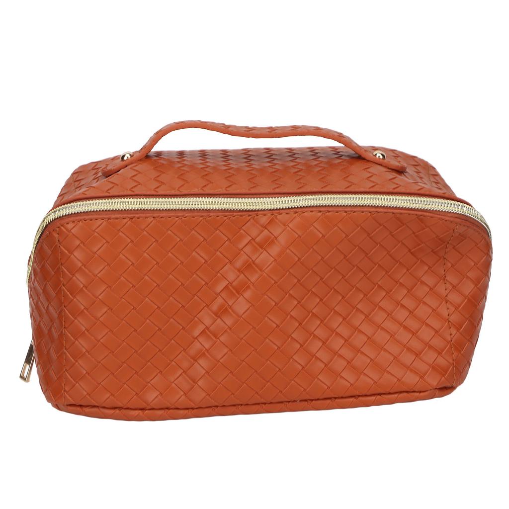 Makeup Storage Bag PU Leather Woven Pattern Zipper Closure Cosmetic Organize Pouch for Travel Brown