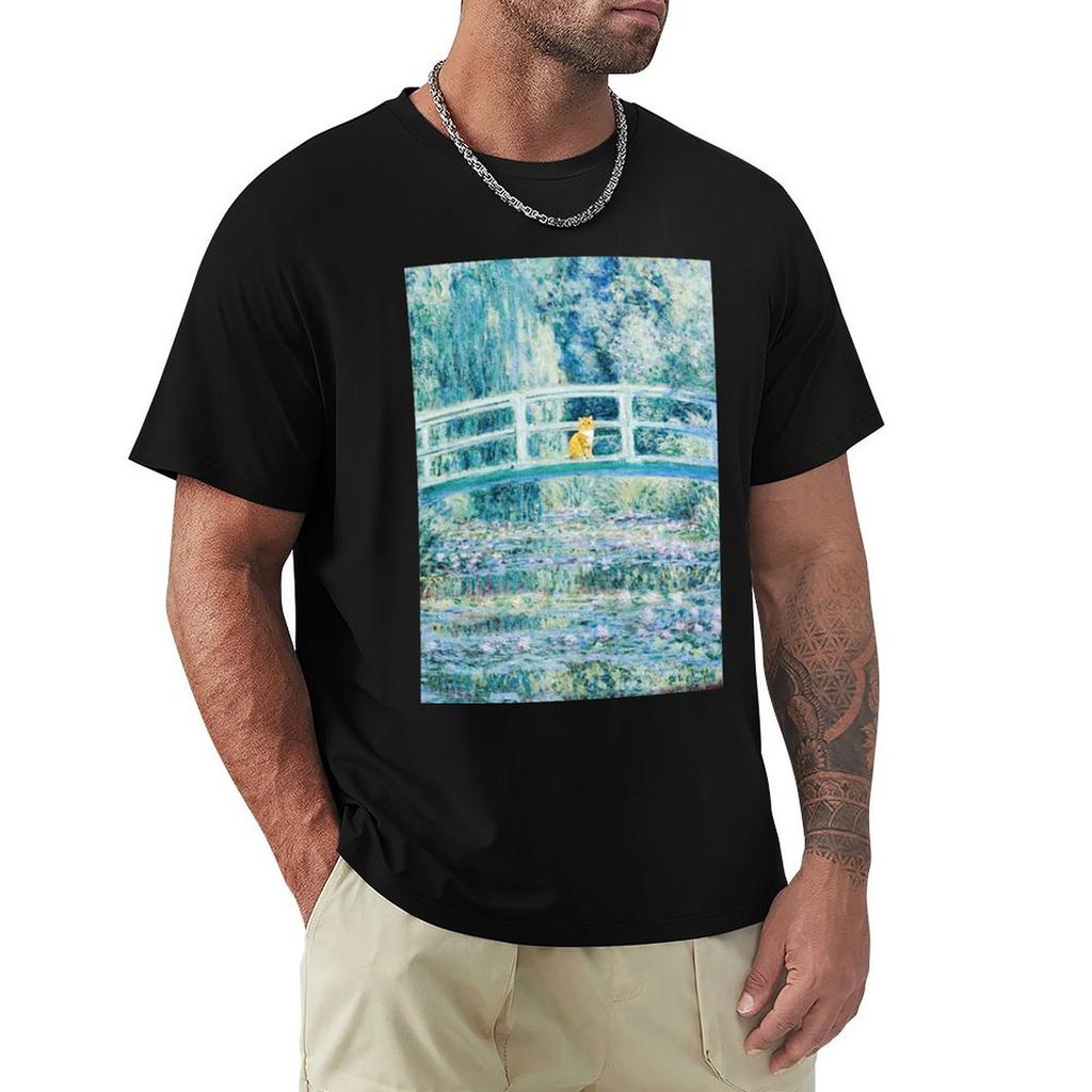 Funny Orange Cat Water Lilies and Japanese Bridge by Claude Monet T-Shirt anime t shirts oversized t shirt t shirts for men pack