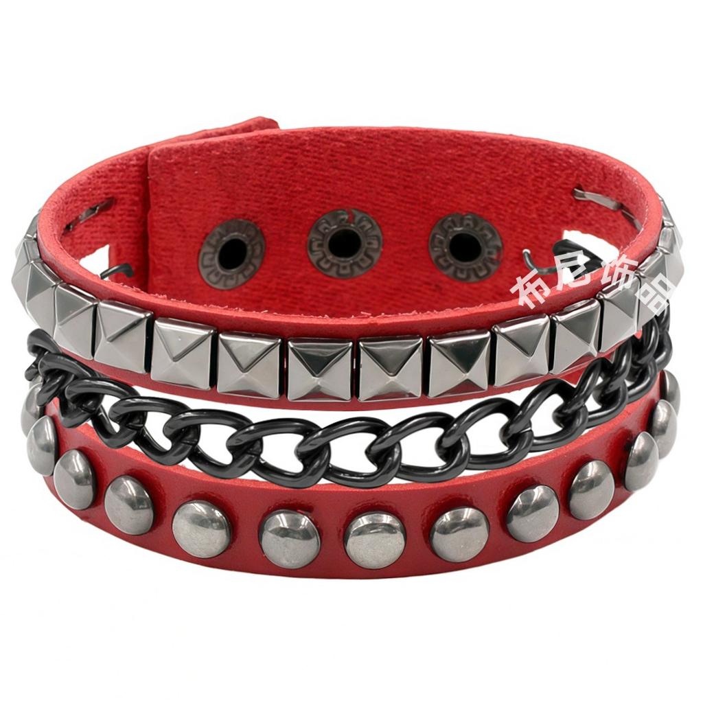 PU Leather European and American Punk Bracelet Dark Black Square Rivet Bracelet Non-mainstream Iron Chain Multi-layer Bracelet