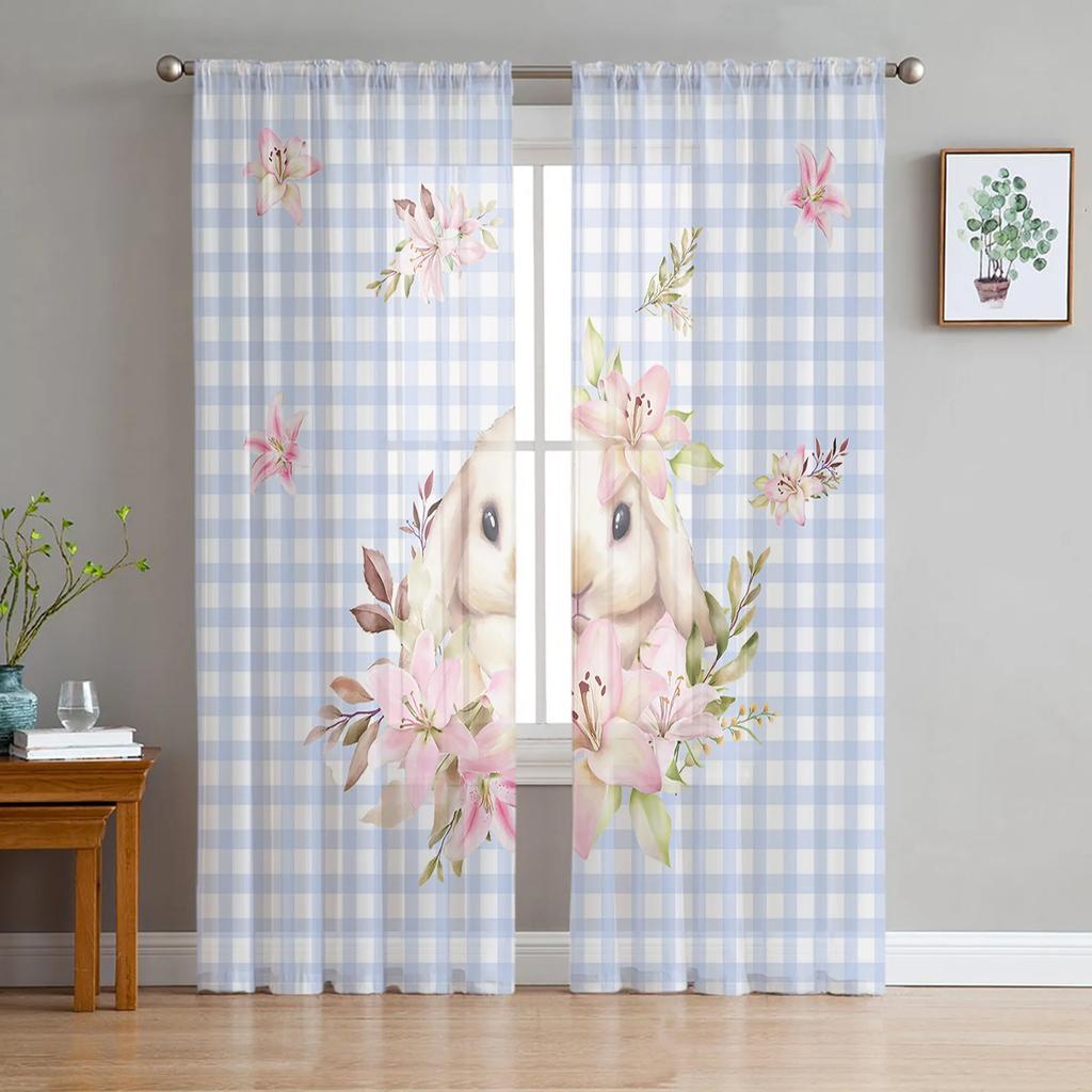 Light Filtering Easter Retro Farm Style Bunny Curtains Bedroom Living Room Festival Decor Cute Rabbit Kitchen Window Tulle Curtain Polyester Washable