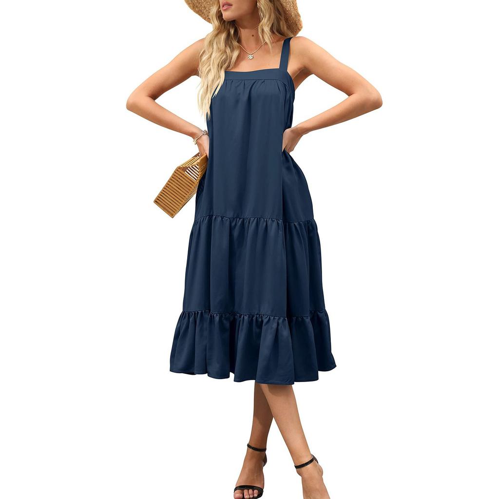 Ladies Casual Sexy Solid Color Suspender Loose Layered Pleated Beach Dress