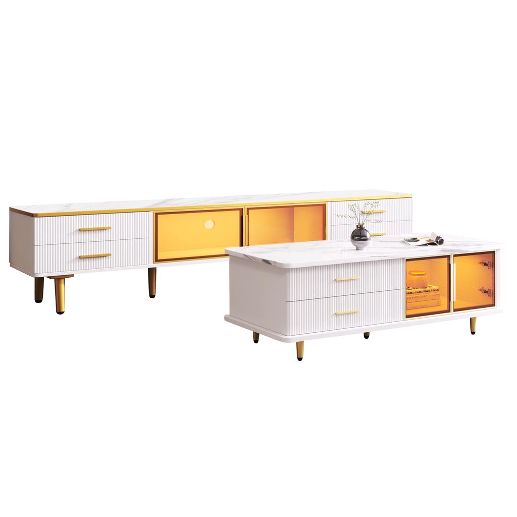 Coffee Table, TV Cabinet, Living Room Furniture, Glass Door, Alloy Frame, Drawers Wave Structure, Gold Handles and Legs, Tabletop Marble Structure.