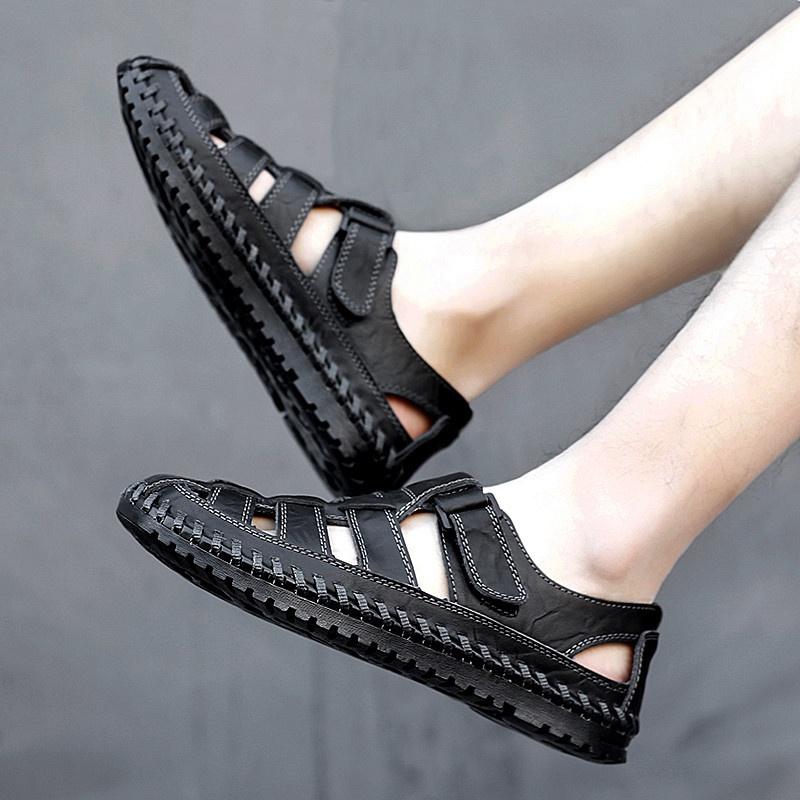 Pánské letní duté kožené sandály prodyšné vintage kožené boty pro volný čas outdoor ploché brodění mokasíny plážové pantofle