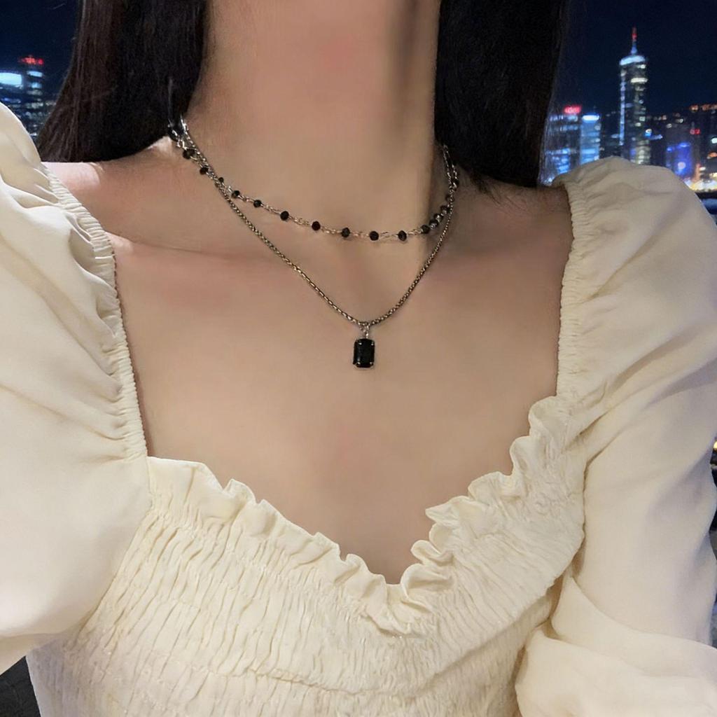 2026 Trendy Black Agate Double-Layer Beaded Necklace Collarbone Chain