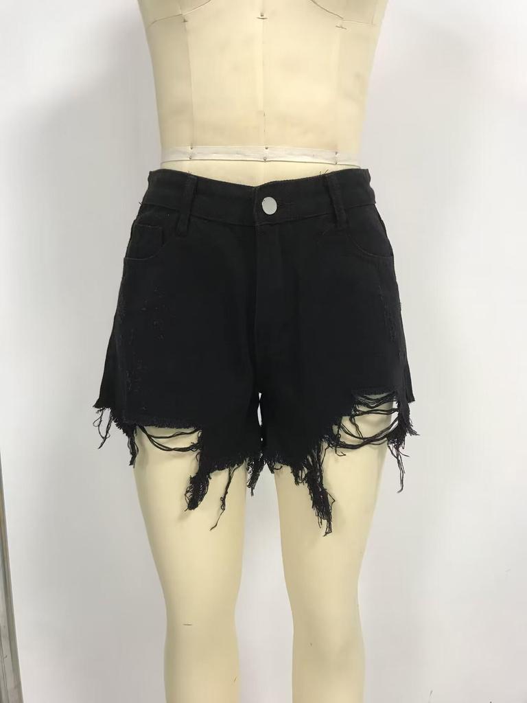 High-Waisted Ripped Fringed Denim Shorts for Women