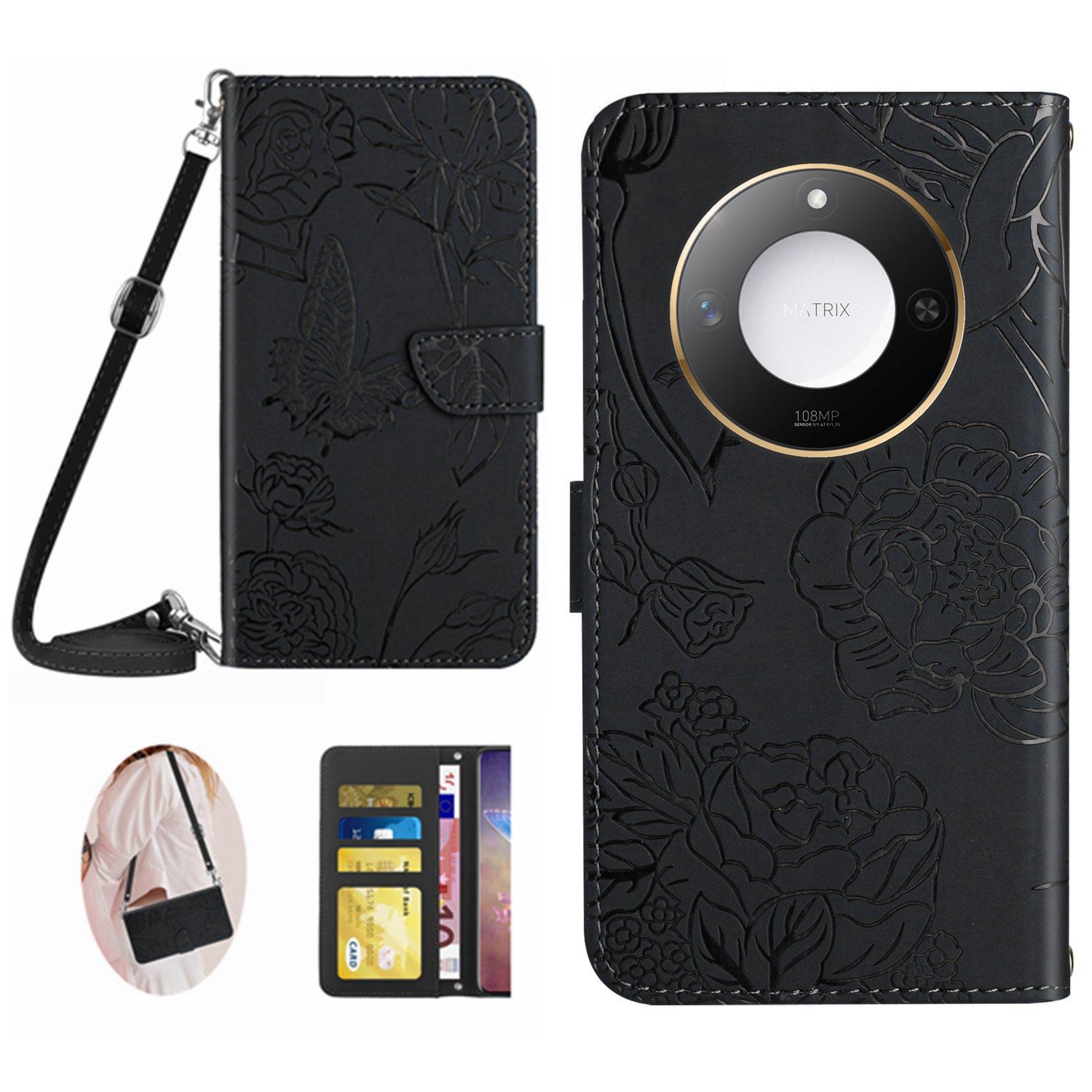 

For Honor X9c Smart 5G Case Butterfly Flower Imprint Leather Phone Cover with Shoulder Strap Black