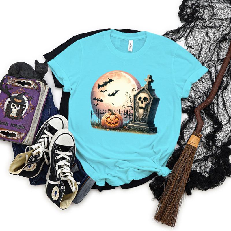 Pumpkin Skeleton Horror Halloween Tshirt Women Spooky Season Shirt Horror Pumpkin Graphic T Shirts Women Skeleton Halloween Top
