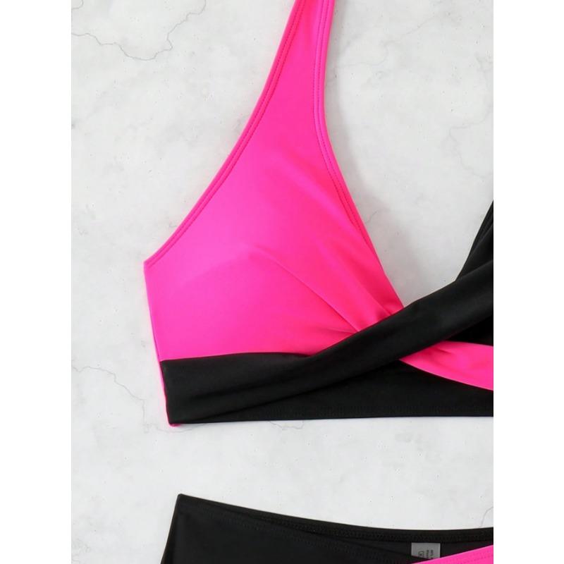 Women's Neon Pink Black Color Block Twist Front Bikini Set High Waist Two Piece Swimsuit