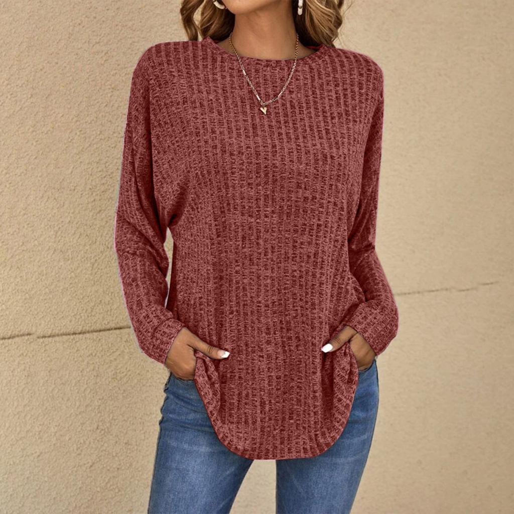 Women's Fashion Color Knitted Fir Round Neck Dropped Shoulders Long Sleeve Loose T-Shirt Top