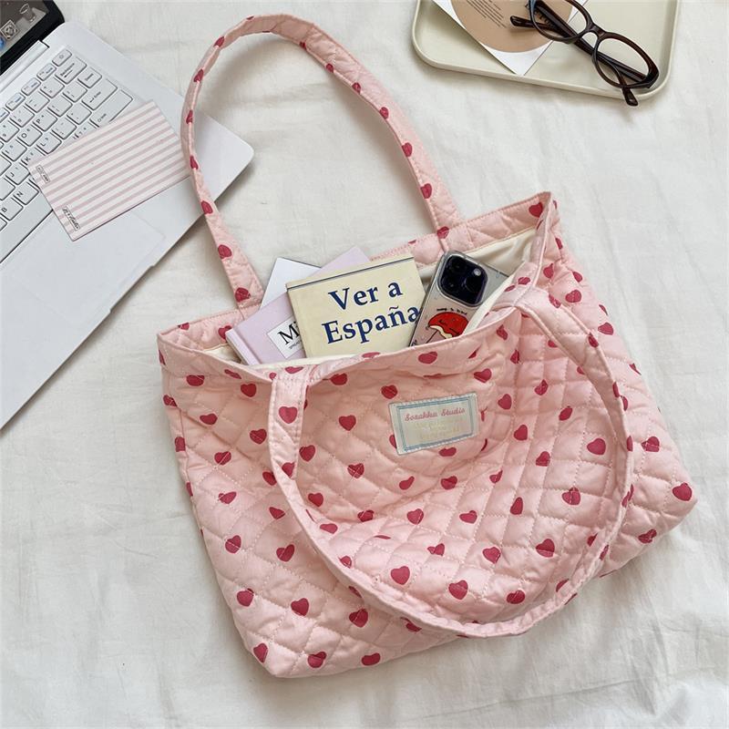 Cute Quilted Padded Heart Plaid Shoulder Bag Handbag Large Capacity Casual Commuting Tote Bag Storage Bag Girl Heart Clutch Gift