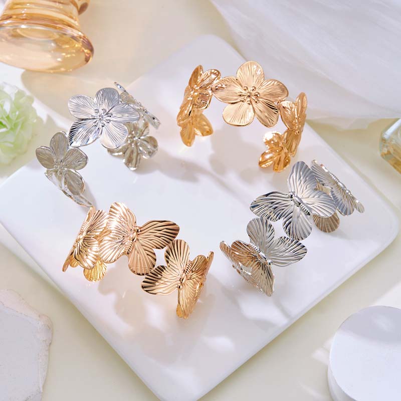 Vintage Gold Color Butterfly Flower Wide Bracelet For Women Men Punk Metal Open Adjustable Bracelet Jewelry  New