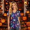 Women V Neck Short Sleeve Work Top with Pockets Halloween Print Scrub Shirt for Healthcare Professionals Uniform