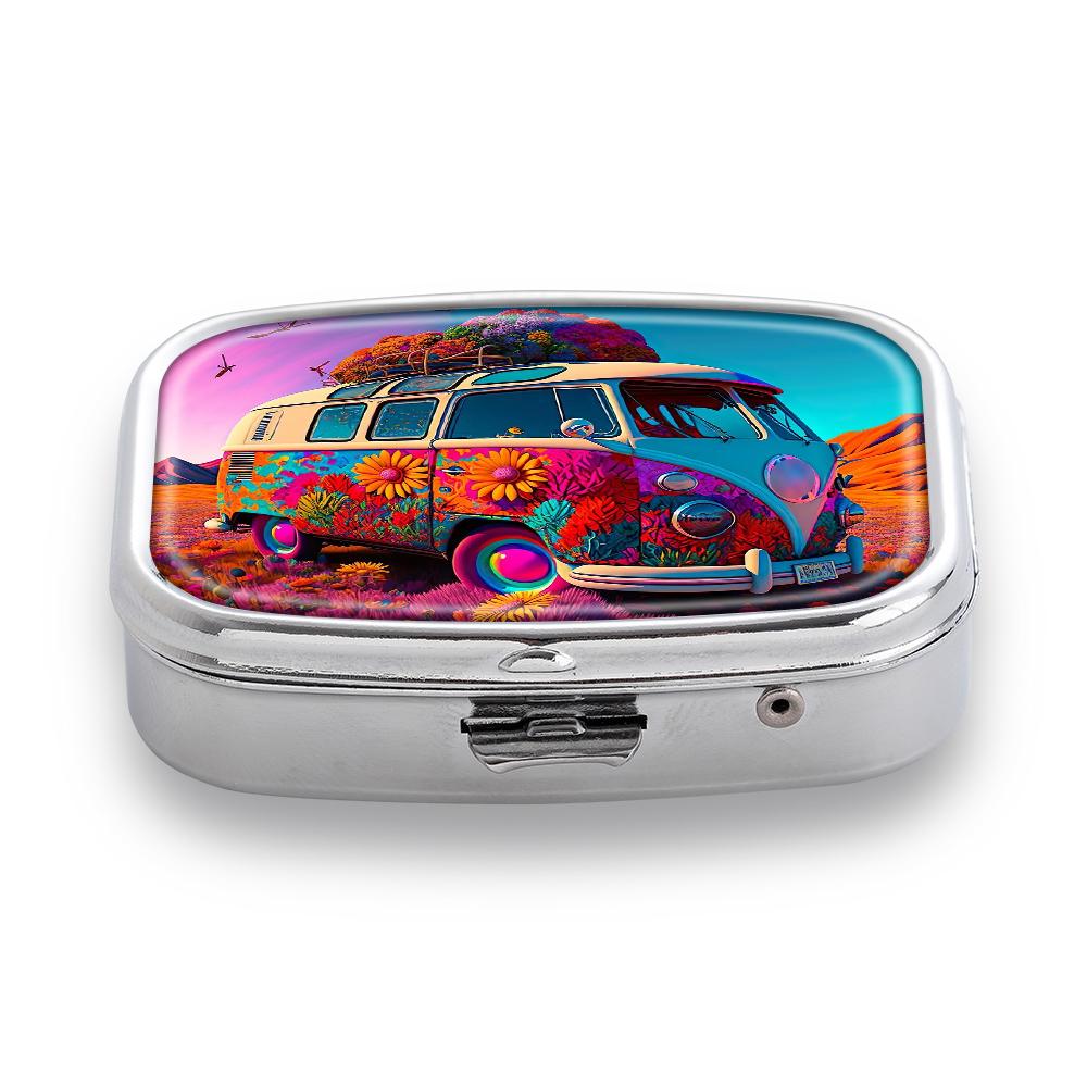 Portapillole Portatile con 2 Scomparti, Mini Custodia Organizer in Metallo per Medicine, Carino Contenitore Stampato per Pillole, Vitamine, Gioielli, Viaggio, Uso Quotidiano