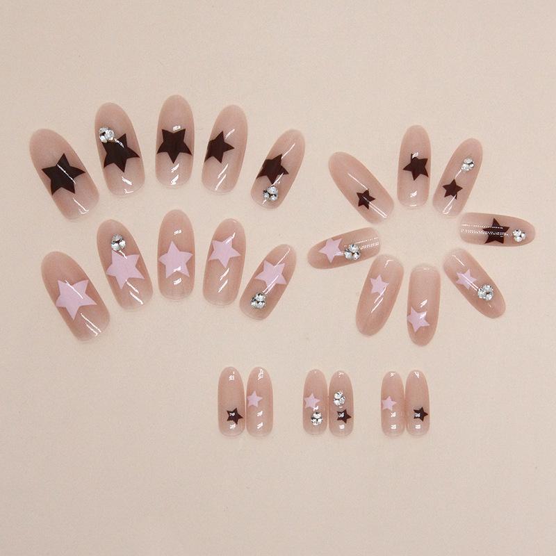 Oval Double Color Pretty Girl Star Pile Diamond Manicure European and American Ins Style Fashion Wear Nail Finished Nail Art