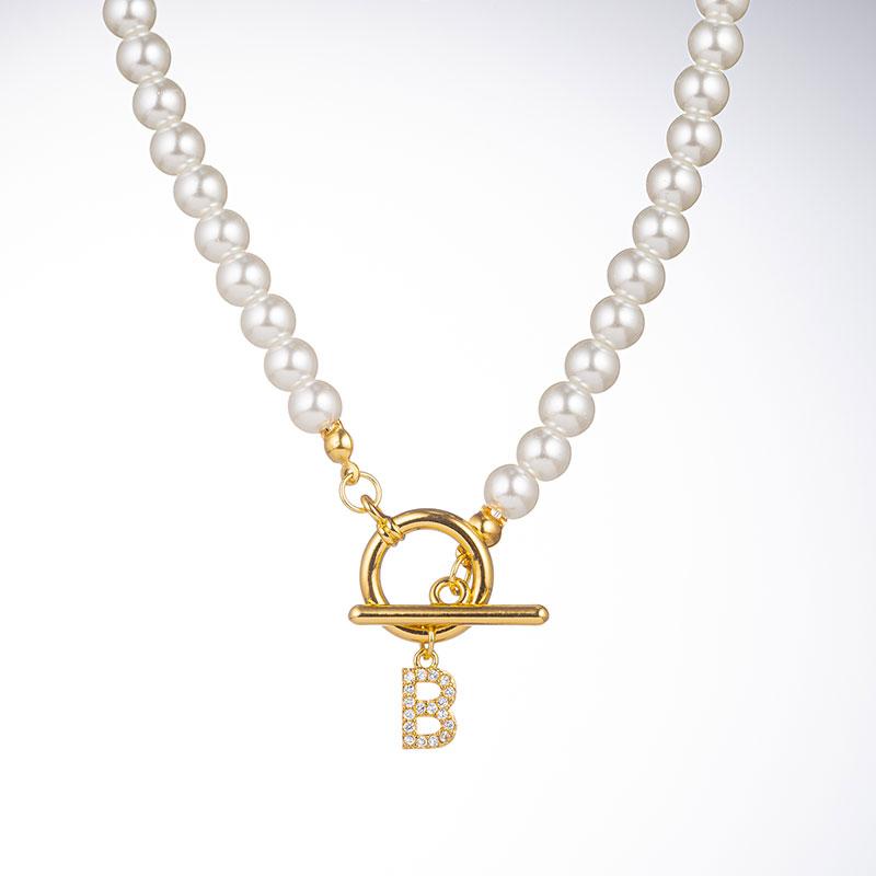 Zircon Crystal Initial A-Z Letter Pendant Necklace for Women Toggle Clasp Imitation Pearls Necklaces Wedding Jewelry Gift
