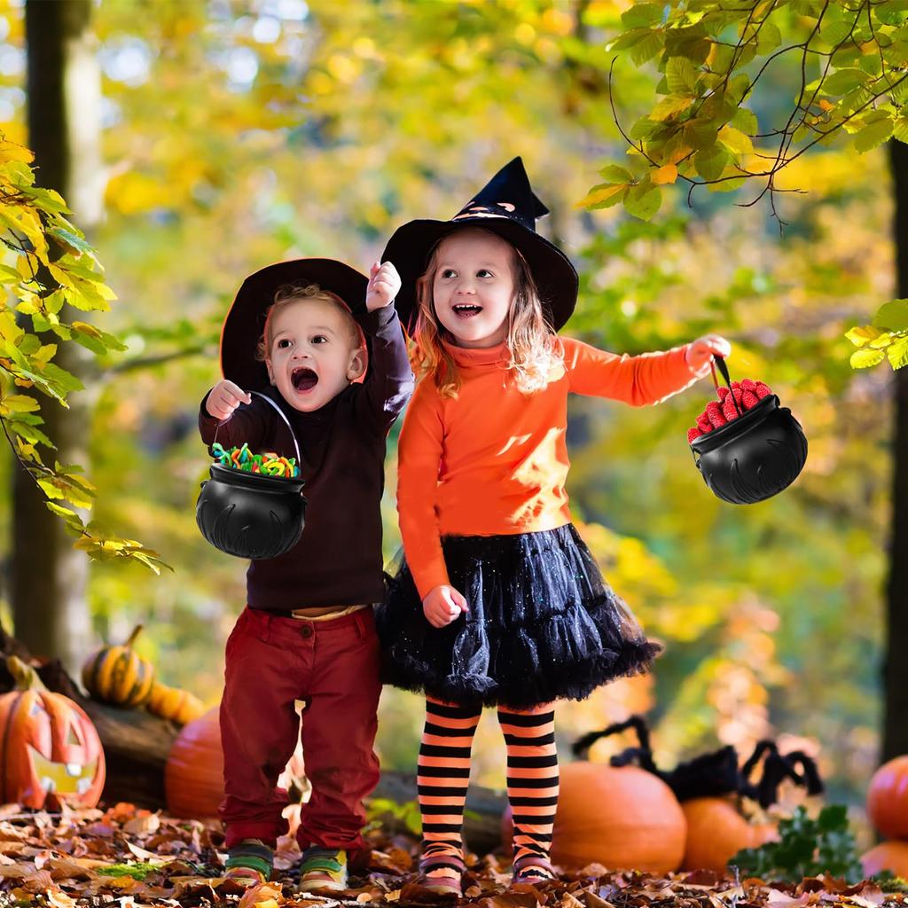 Halloween Decor 3 Sets Witches Cauldron Serving Bowls On Rack Black Plastic Candy Bucket for Home Kitchen