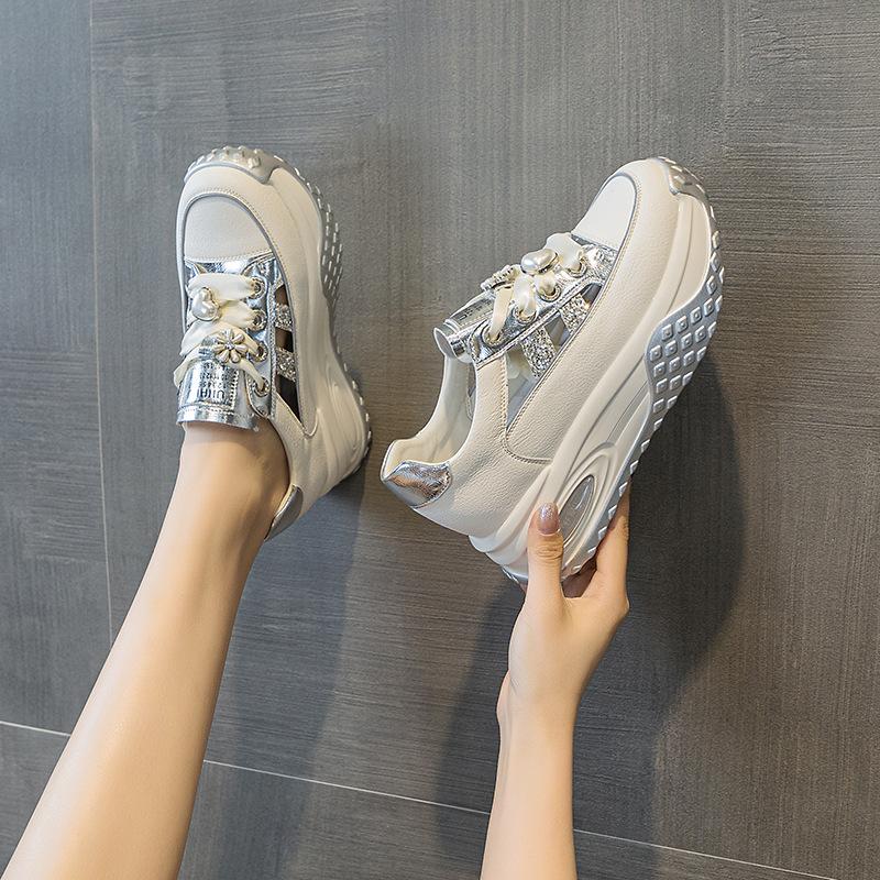 

Кожаные полые кроссовки для папы женская модная легкая обувь с внутренней высотой, повседневная спортивная обувь, сандалии на платформе 40