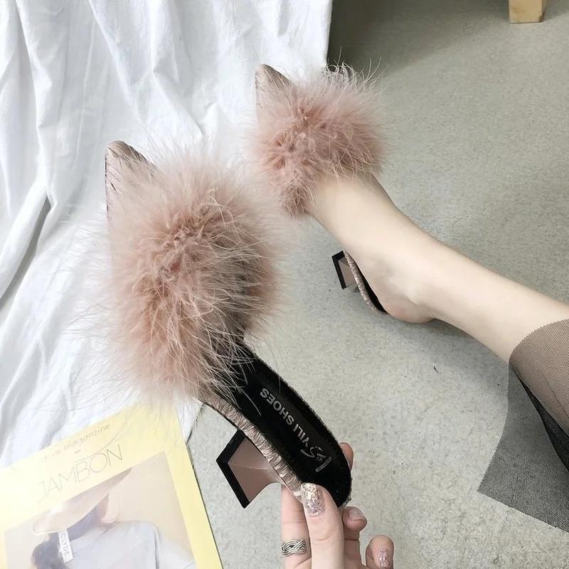 2024 Women Fur Square Heels Peep Toe Wedding Woman Beautiful Pointe Girls Shoe Elegant Shoes with Medium Heels 5cm