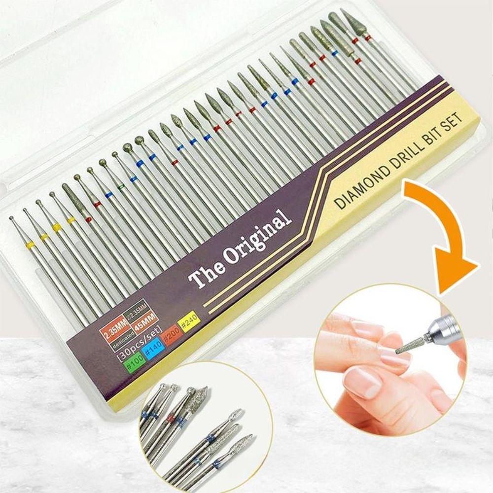 30Pcs Durable Diamond Nail Drill Bits Cuticle Removal Callus Removal Nail Buffing Head Cone Shape Electric Nail Drill Set