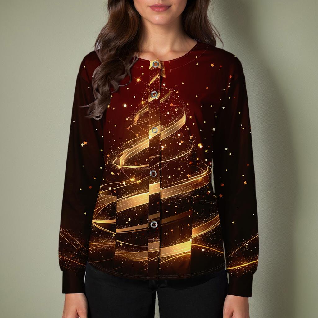Women's Casual Long-sleeved Single-breasted Christmas Printed Protective Clothing Cardigan Top