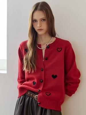 Maxza Heart Pattern Round Neck Knit Cardigan