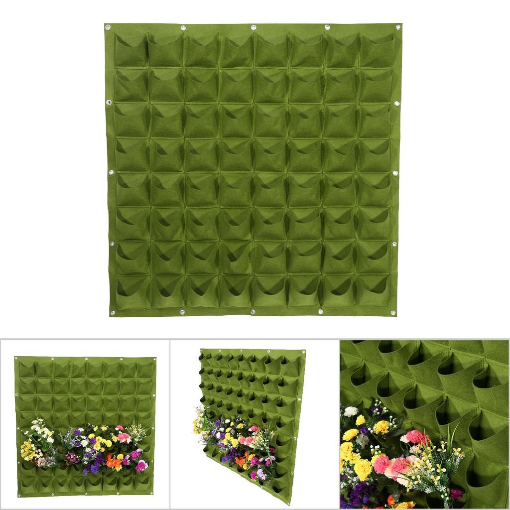 64 Pockets Vertical Outdoor Garden Felt Plants Flower Growing Bag Wall Hanging Planter (Green)