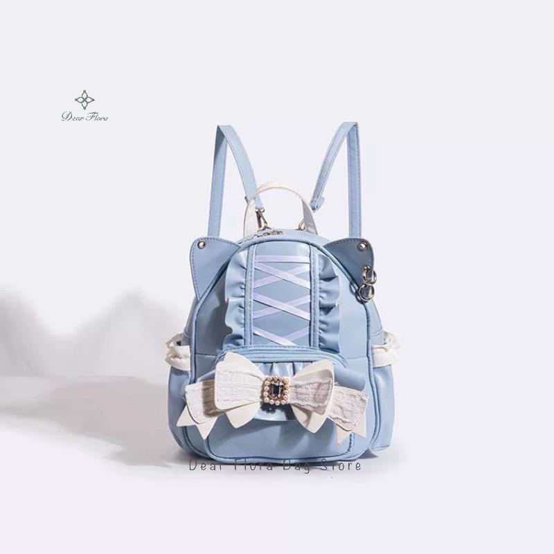 New Fashion Cute Cat Ear Backpacks Lace Bow Decoration Sweet Women Y2K Punk Knapsack Lolita Girls Large Capacity School Rucksack