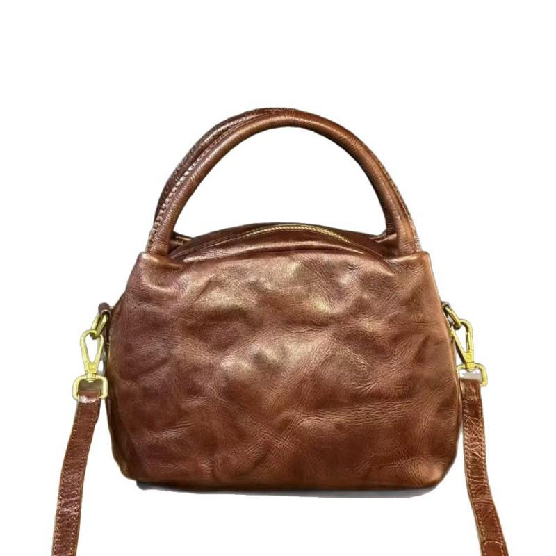 Fashionable Retro Small Bag Women's Full Tree Cream Cowhide Same Style Bowling Genuine Leather Handbag Crossbody