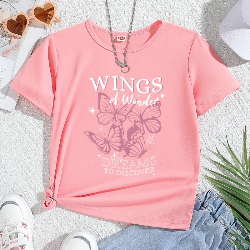 Girls Summer Casual Versatile T-shirt With Butterfly Print 110 розовый