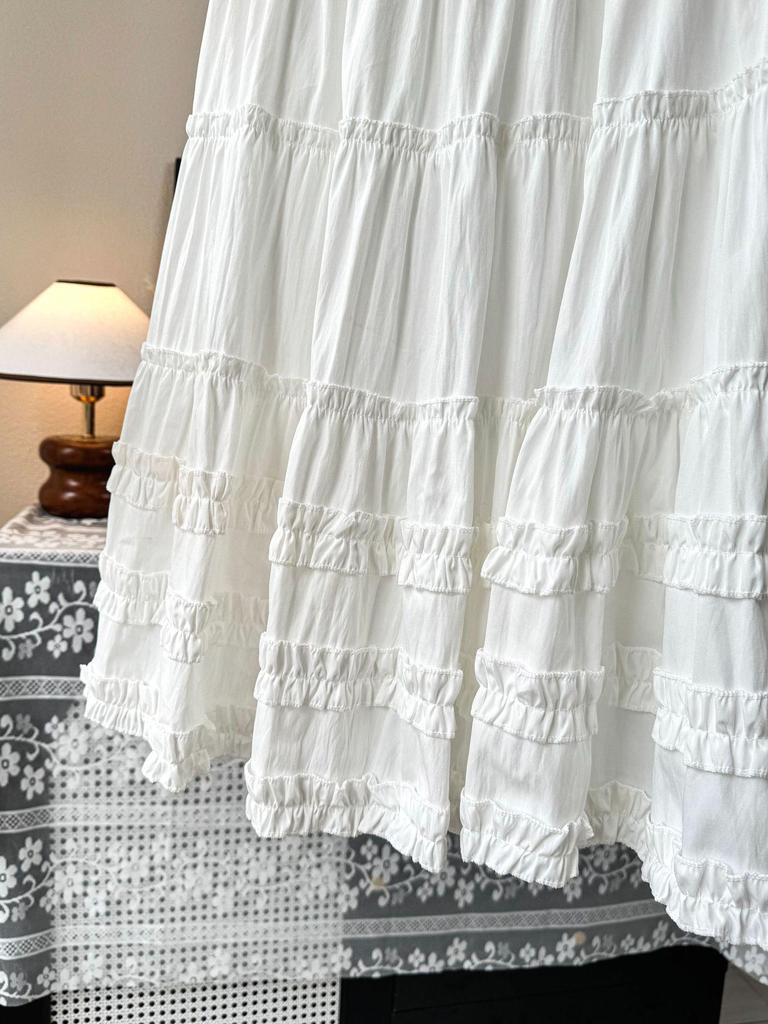 Versatile A-line Layered Cake Skirt with Ruffle Lace - Petite High-Waisted Midi White Skirt for Women