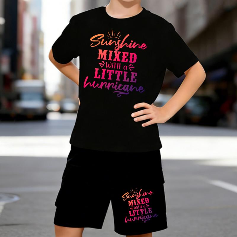 

Boys 2 Piece Sunshine and Hurricane Print Outfit, Short Sleeve T-Shirt and Shorts Set for Kids Age 5-14,Black and White Sporty Casual Summer Clothes 5-6 Years чёрный