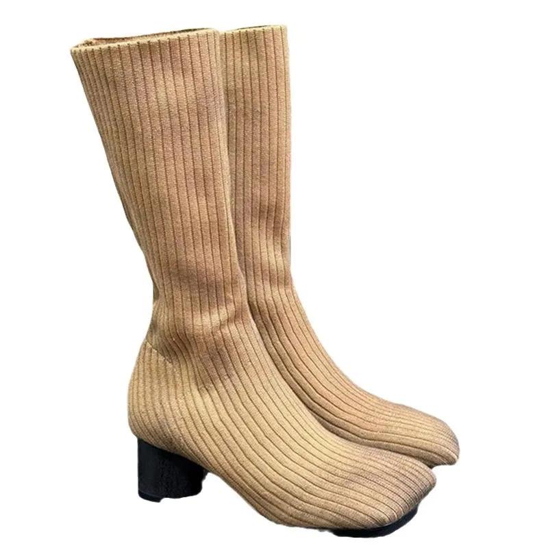Pointed Elastic High Heel Socks Boots Women's Shoes 2025 Trends Knitted Breathable Slim Thick Heel Short Boot Black Sexy