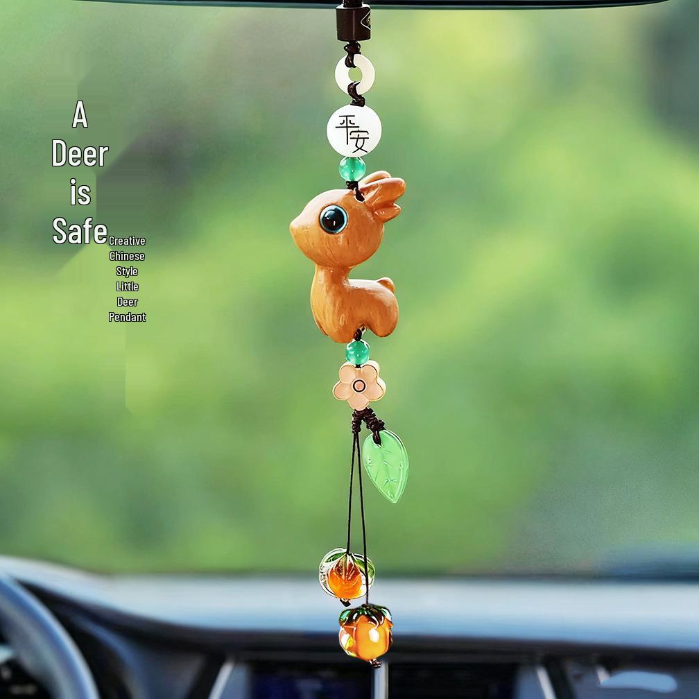 Sandalwood Little Deer Car Charm: Gourd Ornament for Rearview Mirror