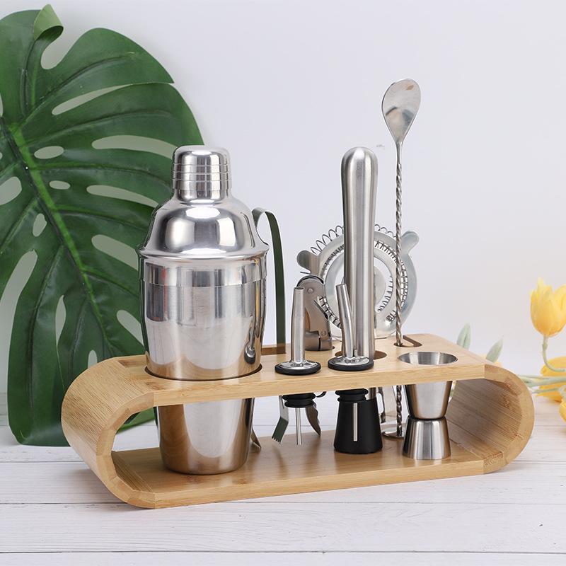 Wine Set Shaker Set 9-Piece Set 304 Stainless Steel Snow Cup Wooden Frame Base Bar Cocktail Shaker
